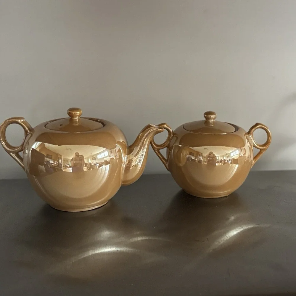Vintage Orange Yellow Gold Luster ware Iridescent Teapot And Sugar Made In Japan